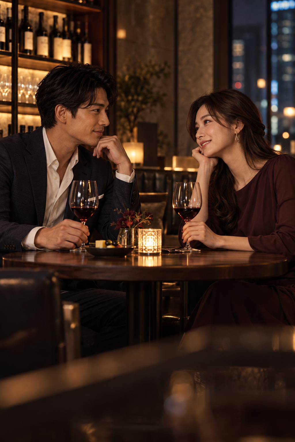 落ち着いたワインバーで目を合わせて話す男女。