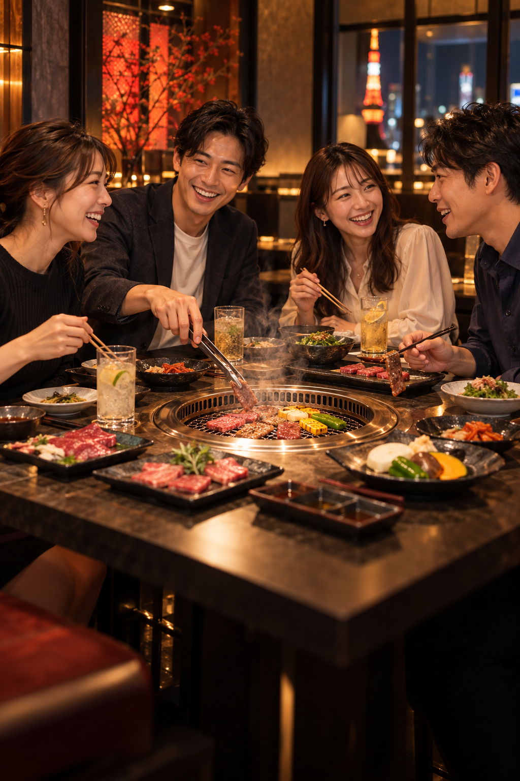 焼肉を囲んで会話を楽しむ男女4人。