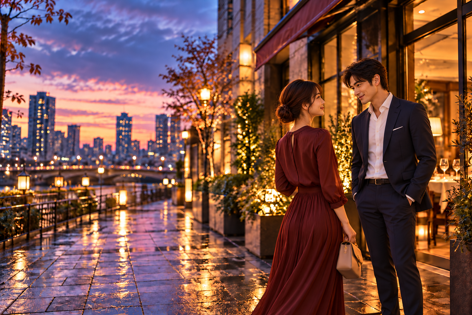 夕暮れのレストラン前で、互いに目を合わせて待ち合わせる男女。